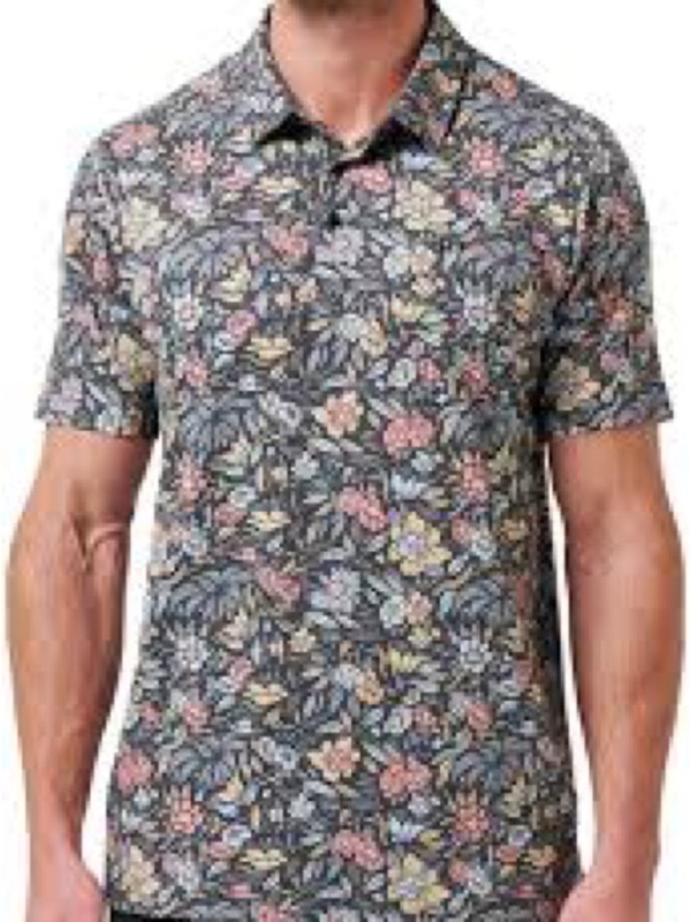 Travis Mathew Black Floral Short-Sleeve Polo with Multicolor Blooms
